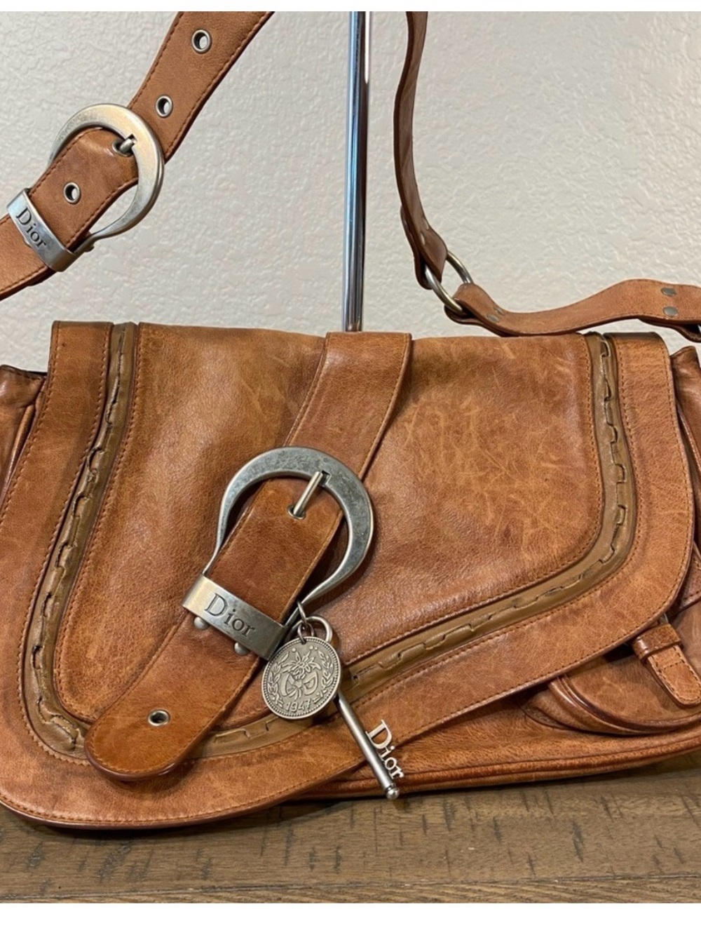 Dior Tan Leather Saddle Bag with Silver Hardware